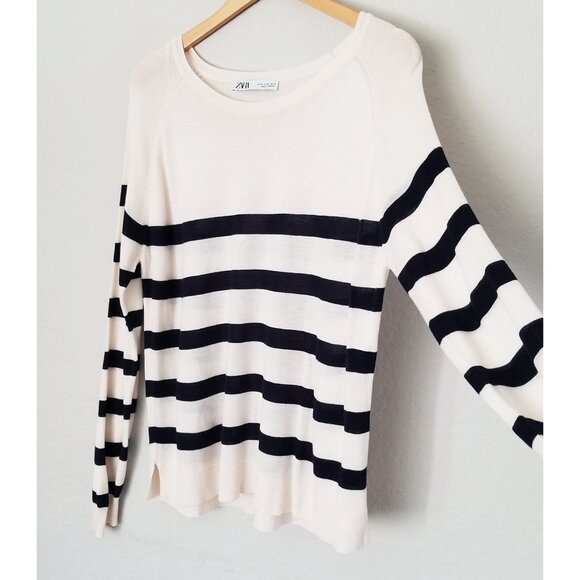 Zara Ivory Black Striped Basic Knit Pullover Sweater Crewneck Lightweight XL - Picture 12 of 15